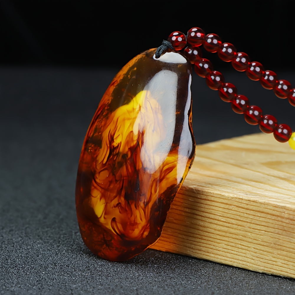 Natural Flower Amber Freeform Pendant Necklace, Vintage Style